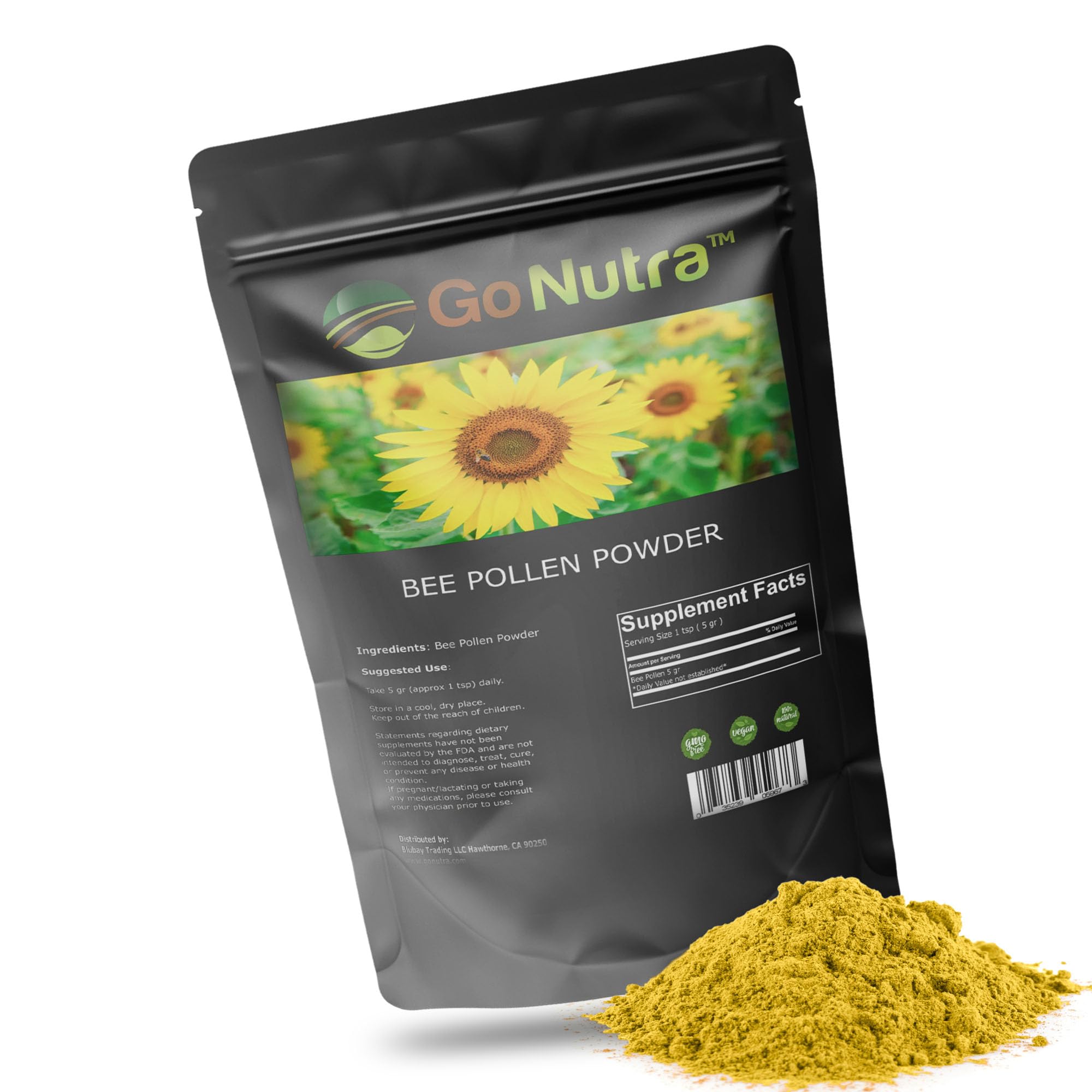 Go Nutra - Bee Pollen Powder, Pure Bee Pollen Powder, Bee Pollen Supplement for Humans, Dogs, Bearded Dragon, and More, Non-GMO, Gluten-Free, Vegan, 8 oz