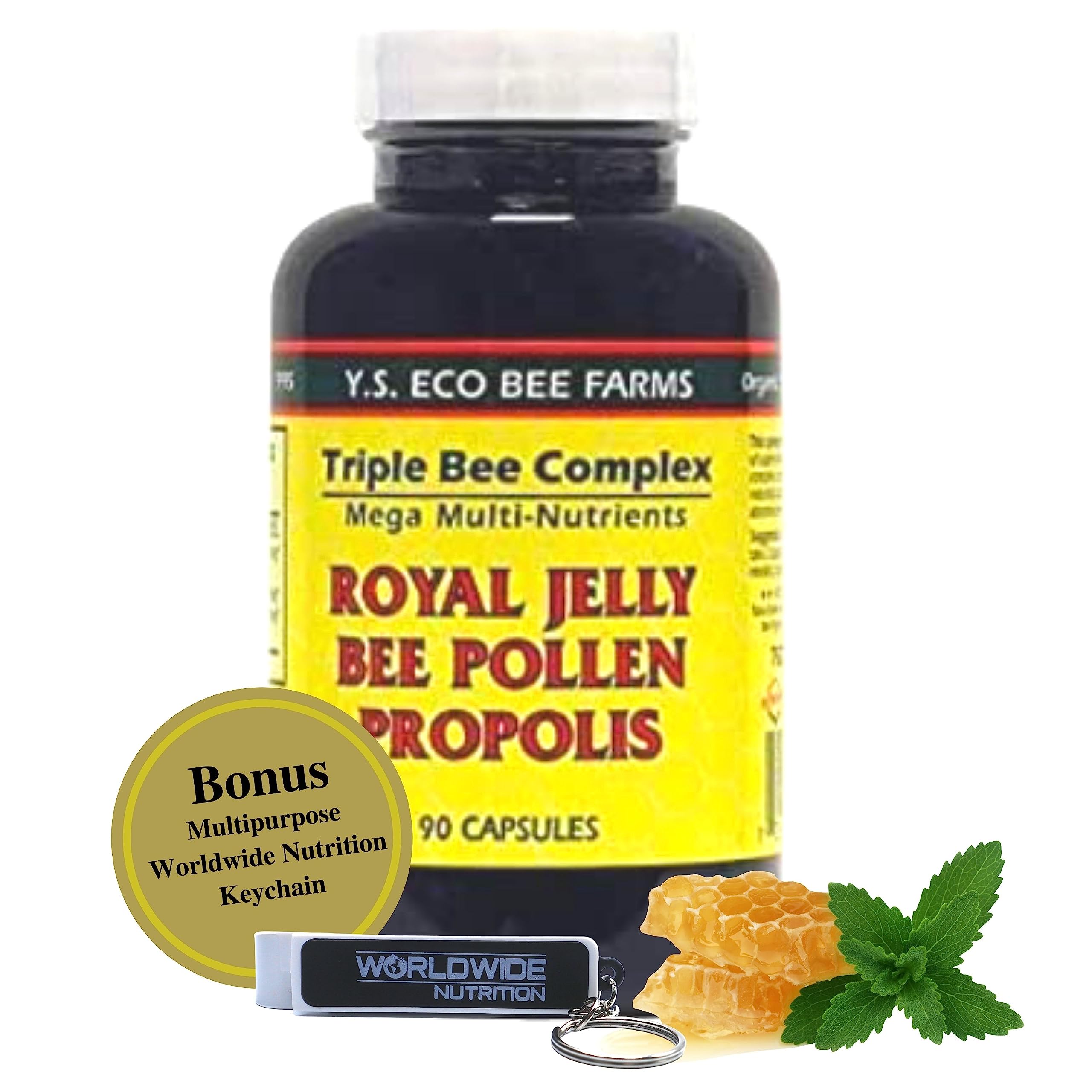 YS Organics Triple Bee Complex, Royal Jelly, Bee Pollen, Propolis - The Power of Nature Packed in 90 Capsules with Bonus worldwidenutrition Multi Purpose Key Chain