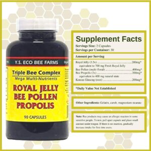 YS Organics Triple Bee Complex, Royal Jelly, Bee Pollen, Propolis - The Power of Nature Packed in 90 Capsules with Bonus worldwidenutrition Multi Purpose Key Chain