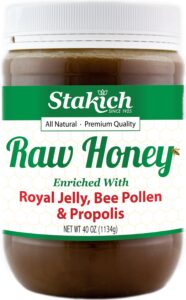 stakich royal jelly, bee pollen, propolis raw honey - pure, unprocessed, unheated - 40 ounce