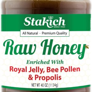 Stakich Royal Jelly, Bee Pollen, Propolis Raw Honey - Pure, Unprocessed, Unheated - 40 Ounce