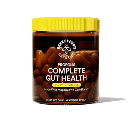 Beekeeper's Naturals Complete Gut Health, 3-in-1 Prebiotic, Postbiotic, Probiotics for Digestive Health & Bloating Relief for Women & Men, Propolis Powered, Gluten-Free Vegan Capsules, 60ct