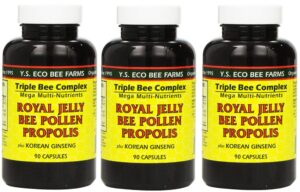 y.s. eco bee farms, (3 pack) royal jelly, bee pollen, propolis, plus korean ginseng, 90 capsules