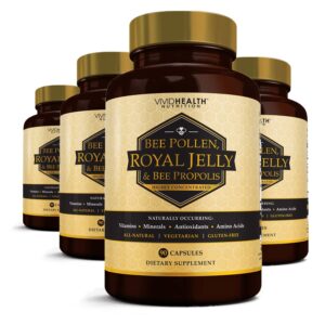 immune boosting royal jelly (4 bottles) supplement with bee pollen & propolis | all natural, high potency superfood for energy, clear skin | 90 pure, non-gmo, gluten free vegetarian caps each