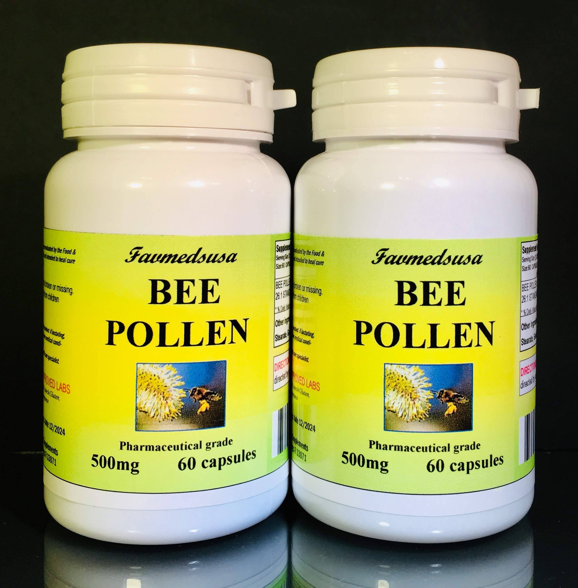 Favmedsusa Bee Pollen 500mg, Made in USA - Various Sizes (2 Bottles - 120 [2x60] Capsules)