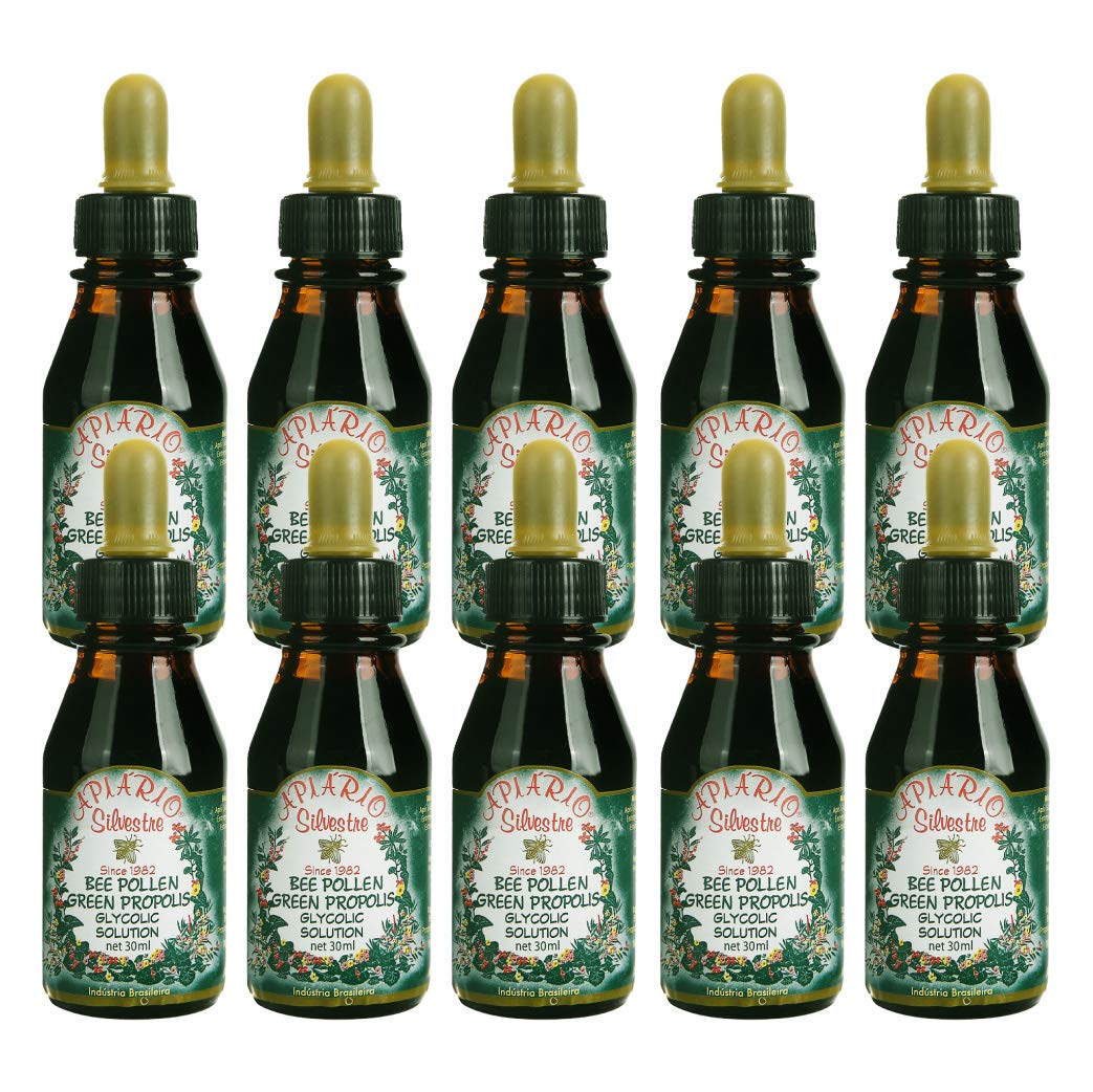 Official Distributor - 10 Bottles of Apiario Silvestre Bee Pollen & Brazil Green Bee Propolis Liquid - Glycolic Extract-Non Alcoholic, Wax Free, Sugar Free