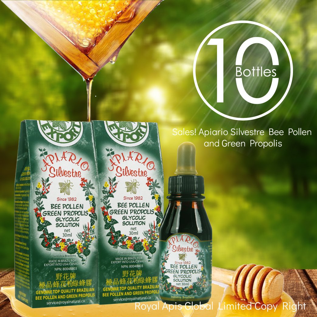 Official Distributor - 10 Bottles of Apiario Silvestre Bee Pollen & Brazil Green Bee Propolis Liquid - Glycolic Extract-Non Alcoholic, Wax Free, Sugar Free