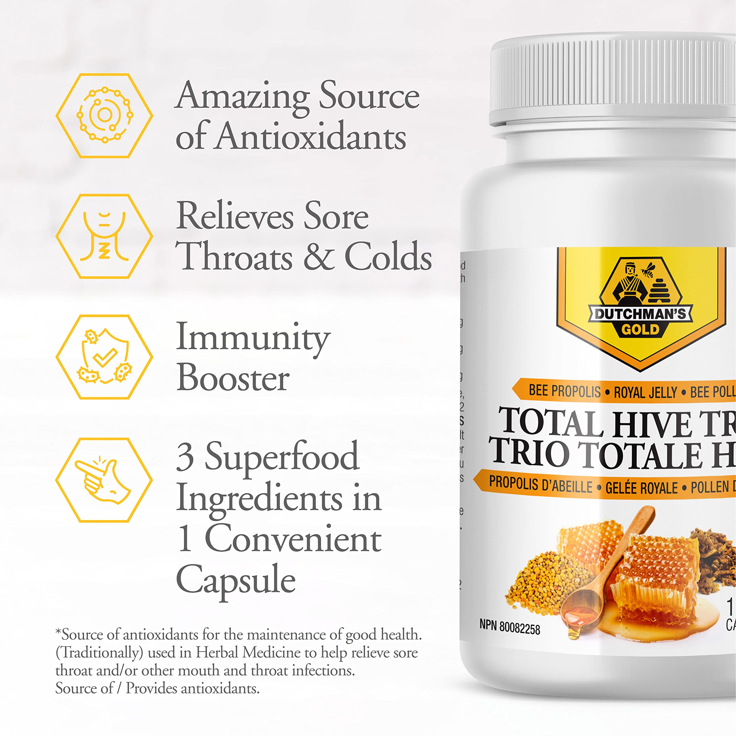 Dutchman's Gold Total Hive Trio Capsules - 120 Veg Caps Approximately 30-60 Servings - Bee Pollen Royal Jelly & Propolis Supplement - Superfoods for Antioxidant Immune Support - Natural Honey Mix