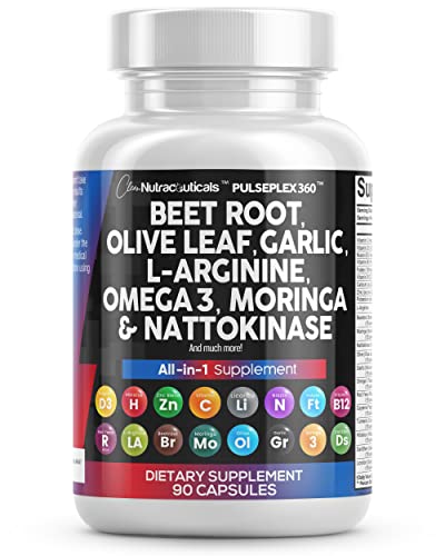 Beet Root Capsules 6000mg Olive Leaf 6000mg Nattokinase 4000 FU Garlic Extract 2000mg L-Arginine 400mg Omega 3 Red Yeast Rice Hibiscus Danshen - Healthy Support Supplement - 90 Ct