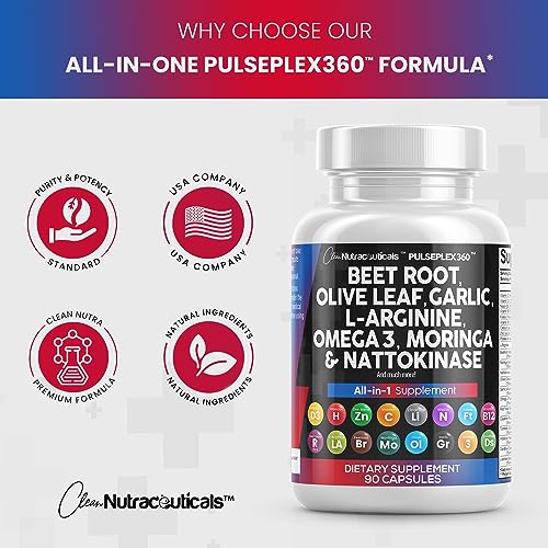 Beet Root Capsules 6000mg Olive Leaf 6000mg Nattokinase 4000 FU Garlic Extract 2000mg L-Arginine 400mg Omega 3 Red Yeast Rice Hibiscus Danshen - Healthy Support Supplement - 90 Ct