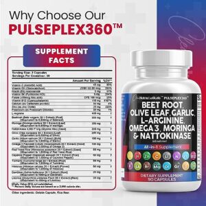 Beet Root Capsules 6000mg Olive Leaf 6000mg Nattokinase 4000 FU Garlic Extract 2000mg L-Arginine 400mg Omega 3 Red Yeast Rice Hibiscus Danshen - Healthy Support Supplement - 90 Ct