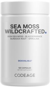 codeage raw wildcrafted irish sea moss supplement, spirulina algae, bladderwrack seaweed, burdock root, black pepper, vegan, non-gmo, 120 capsules