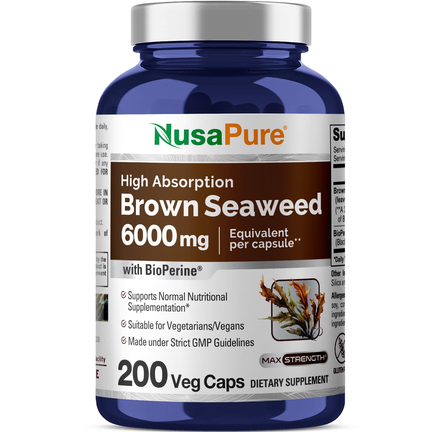 NusaPure Brown Seaweed Extract 6,000 mg - 200 Veggie Capsules - Fucoxanthin (Vegan, Bioperine, Non-GMO, Vegan)