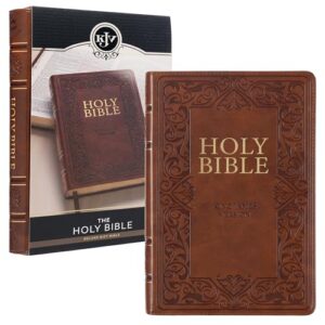 kjv holy bible, standard size faux leather red letter edition thumb index & ribbon marker, king james version, medium brown