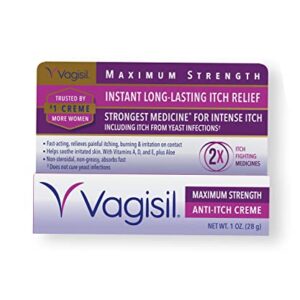 Vagisil Maximum Strength Feminine Anti-Itch Cream with Benzocaine for Women, Helps Relieve Yeast Infection Irritation, Gynecologist Tested, Fast-acting, Soothes and Cools Skin, 1 oz