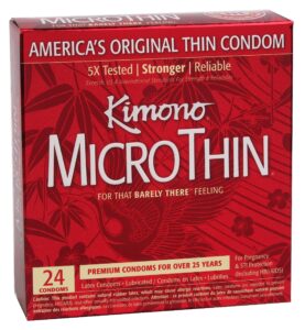 kimono microthin condoms - premium lubricated natural latex condoms, thinnest condoms, vegan-friendly, no latex odor - thin, strong, and extra sensitive - pack of 24