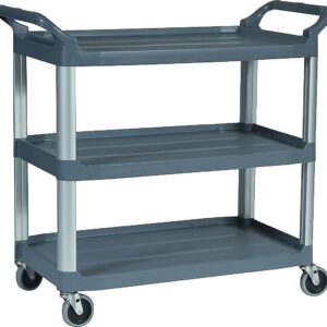 Rubbermaid Commercial Products Heavy Duty 3-Shelf Rolling Service/Utility/Push Cart, 300 lbs. Capacity, White, for Foodservice/Restaurant/Cleaning (FG409100OWHT)