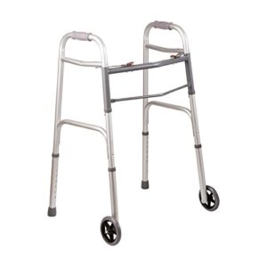 dmi lightweight aluminum folding walker with easy two button release, 5 inch wheels, adjustable height, no assembly needed, silver