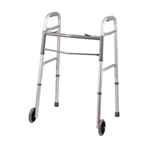 DMI Lightweight Aluminum Folding Walker with Easy Two Button Release, 5 Inch Wheels, Adjustable Height, No Assembly Needed, Silver