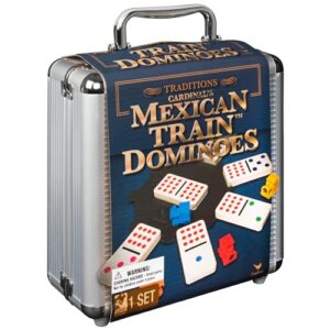 Mexican Train Dominoes Set Tile Board Game in Aluminum Carry Case Games with Colorful Trains for Family Game Night, for Adults and Kids Ages 8 and Up