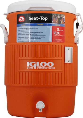 Igloo 5 Gallon Portable Sports Cooler Water Beverage Dispenser with Flat Seat Lid, Insulated Beverage Dispenser, Orange/White