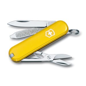 victorinox classic sd swiss army knife, compact 7 function swiss made pocket knife with small blade, screwdriver and key ring - sunny side (yellow)
