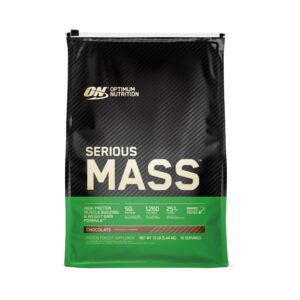 optimum nutrition serious mass, weight gainer protein powder, mass gainer, vitamin c and zinc for immune support, creatine, chocolate, 12 pound (packaging may vary)