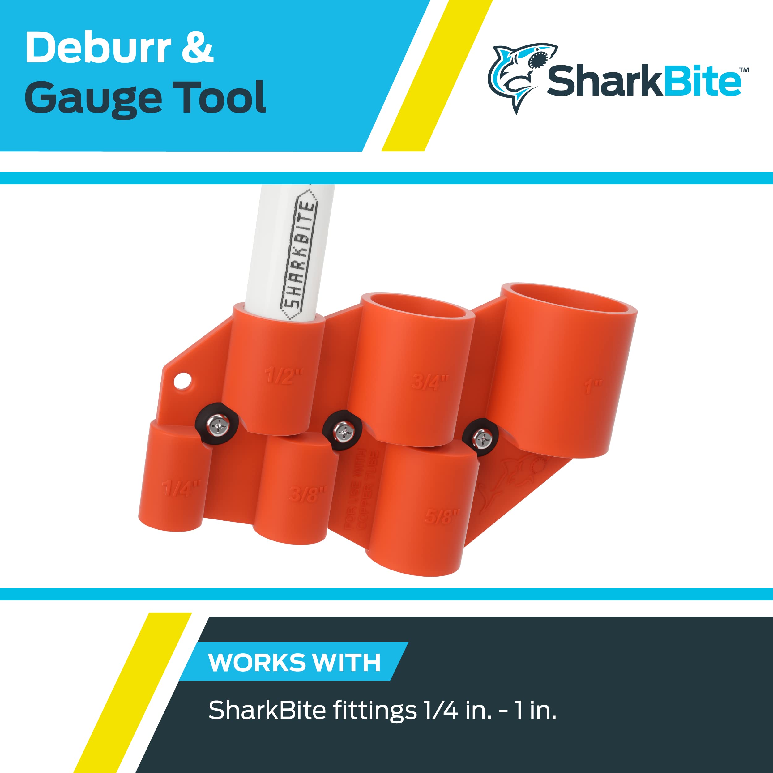 SharkBite 1/4 Inch to 1 Inch Depth Gauge and Pipe Deburring Tool, Copper, PEX, CPVC, PE-RT, HDPE, U702A