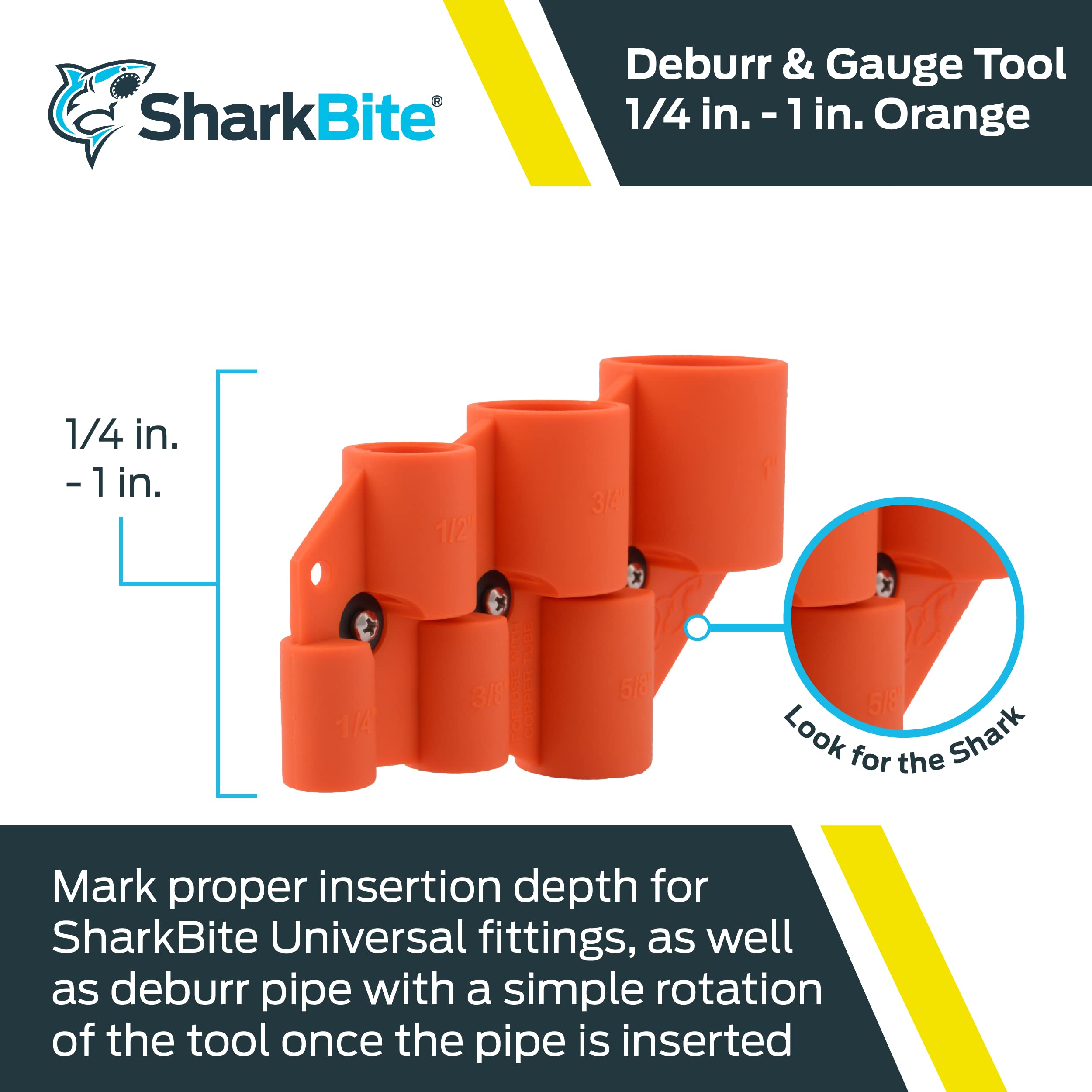 SharkBite 1/4 Inch to 1 Inch Depth Gauge and Pipe Deburring Tool, Copper, PEX, CPVC, PE-RT, HDPE, U702A