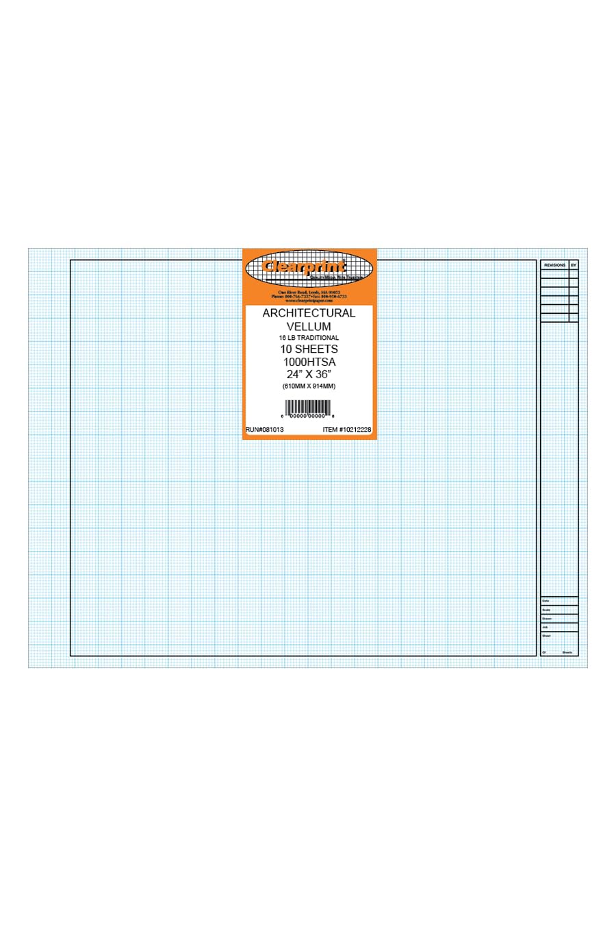 Clearprint 24" x 36" 1000H Design Vellum Sheets with Architect Title Block and Printed Fade-Out 8x8 Grid, 16 lb., 100% Cotton, 10 Sheets Per Pack, 1 Each