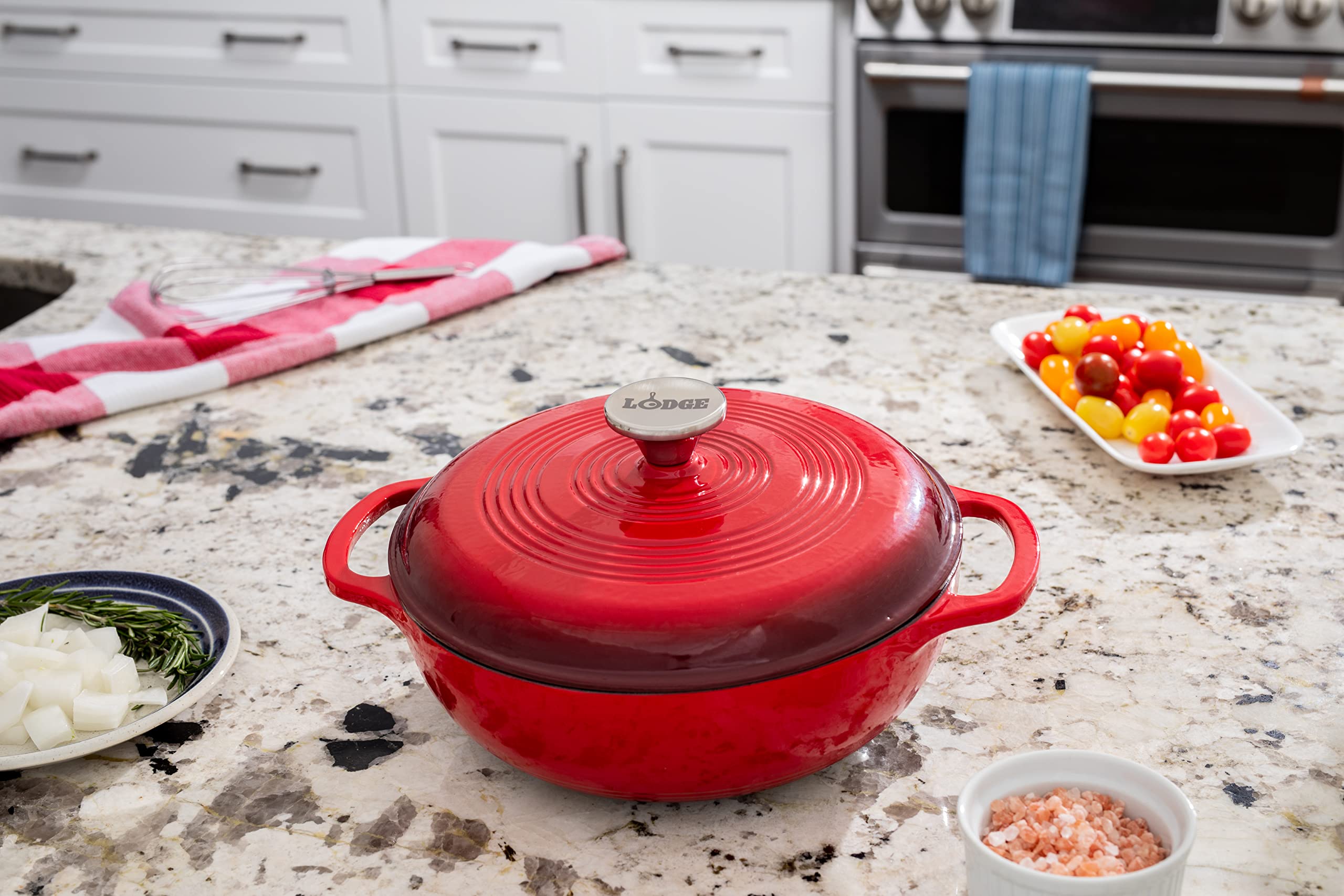 Lodge 3 Quart Enameled Cast Iron Dutch Oven with Lid – Dual Handles – Oven Safe up to 500° F or on Stovetop - Use to Marinate, Cook, Bake, Refrigerate and Serve – Island Spice Red