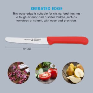 Messermeister 4.5” Serrated Tomato Knife with Matching Sheath, Red - German 1.4116 Steel Alloy - Rust Resistant & Easy to Maintain - Handcrafted in Santa Catarina, Portugal