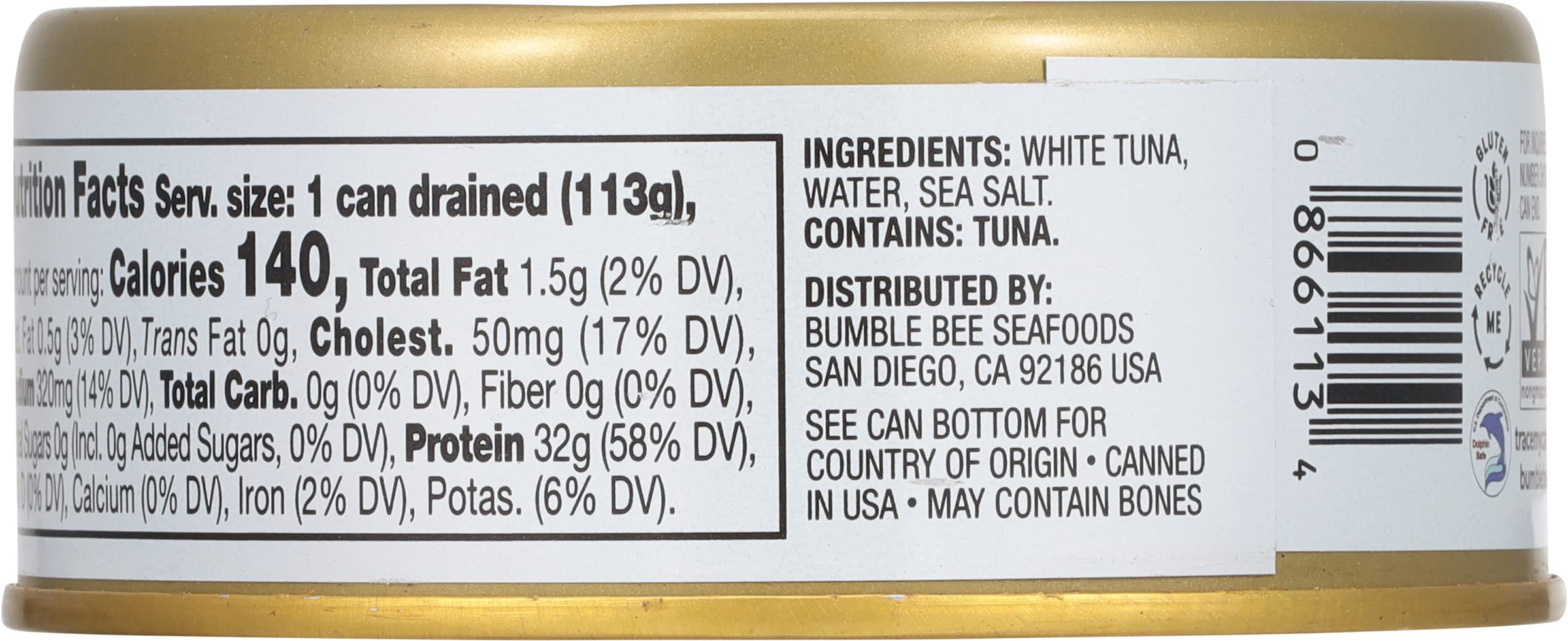 Bumble Bee Prime Solid White Albacore Tuna in Water, 5 oz Can - Premium Wild Caught Tuna - 31g Protein per Serving - Non-GMO Project Verified, Gluten Free, Kosher