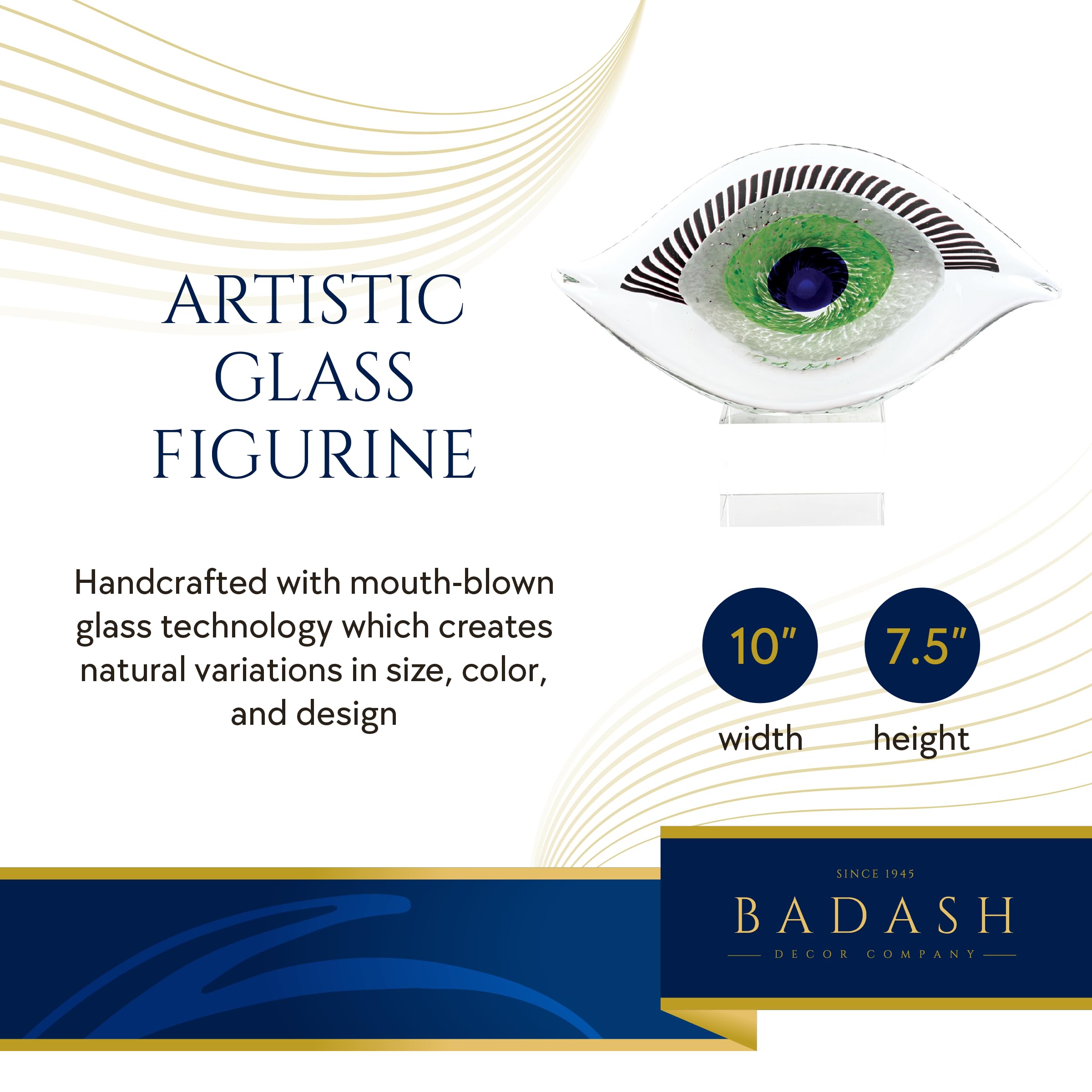 Badash Visionary Good Luck Eye Murano-Style Glass Sculpture - Handcrafted 10" L x 7.5" H