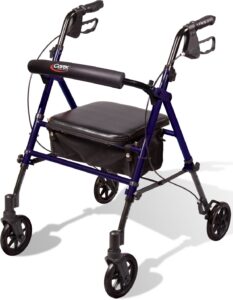 carex step 'n rest aluminum rollator walker with seat - rolling walker for seniors with back support, 6 inch wheels, 250lbs support, lightweight