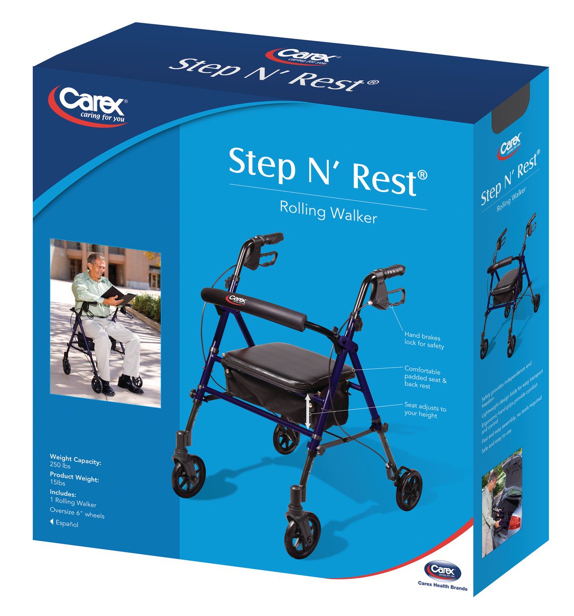 Carex Step 'N Rest Aluminum Rollator Walker With Seat - Rolling Walker For Seniors With Back Support, 6 Inch Wheels, 250lbs Support, Lightweight