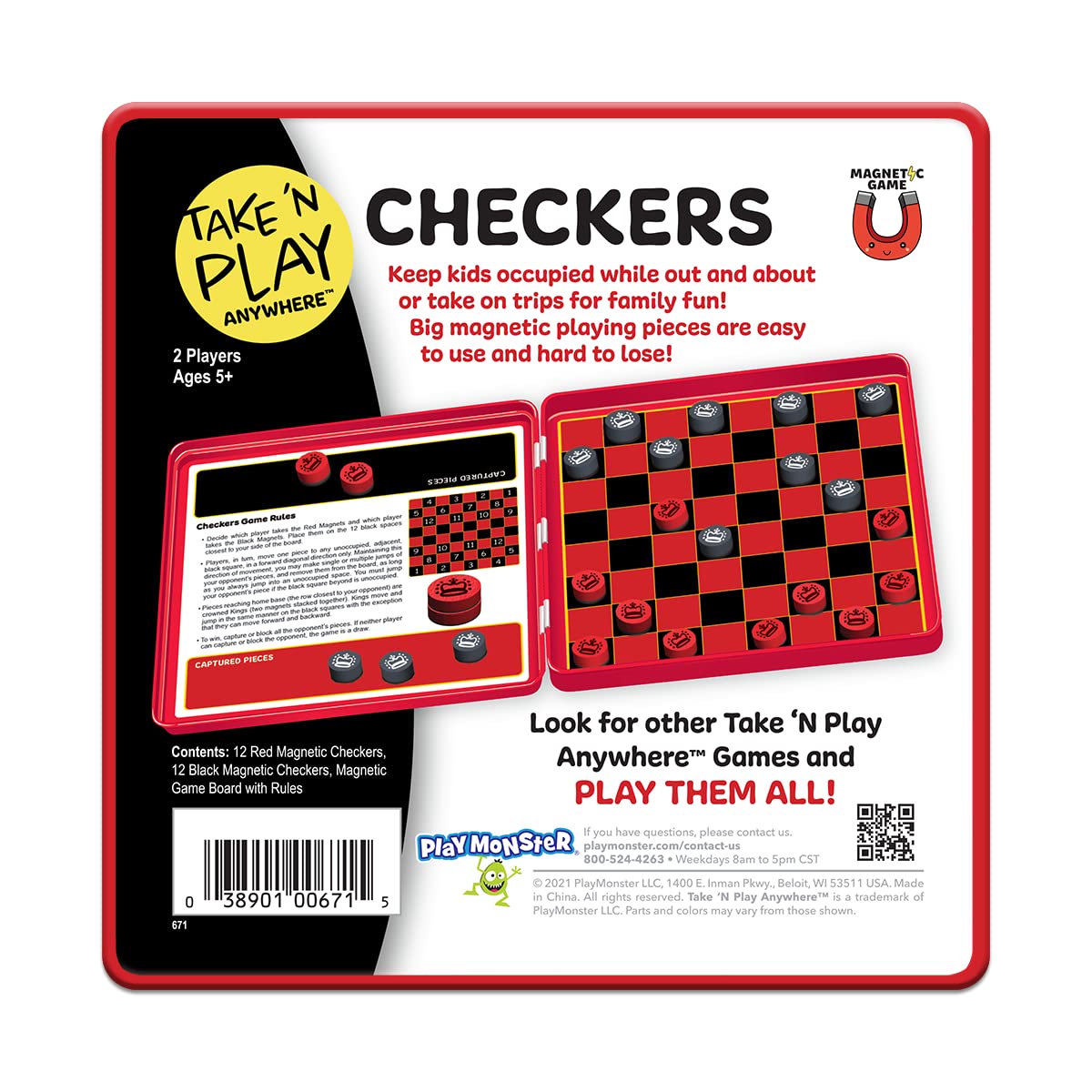 PlayMonster Take 'N Play Anywhere — Checkers — Magnetic Travel Game — Fun on The Go! — for Ages 4+