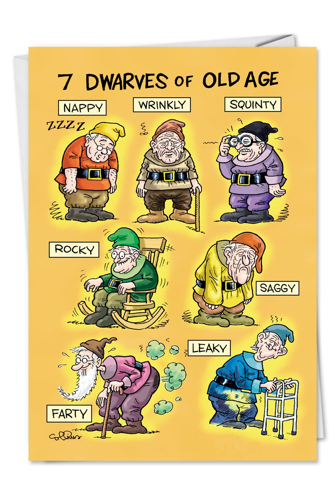 NobleWorks - 1 Awesome Birthday Greeting Card - Cartoon Art, Happy Funny Bday Note - Old-age Dwarves 4729