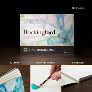 St. Cuthberts Mill Bockingford Watercolor Paper Pad - 12x9-inch White Water Color Paper for Artists - 12 Sheets of 140lb Cold Press Watercolor Paper for Gouache Ink Acrylic Charcoal and More