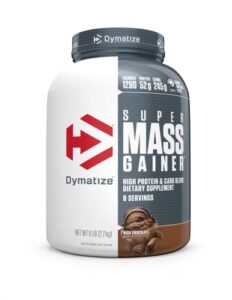 dymatize super mass gainer protein powder, 1280 calories & 52g protein, 10.7g bcaas, mixes easily, tastes delicious, rich chocolate, 6 lbs