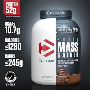 Dymatize Super Mass Gainer Protein Powder, 1280 Calories & 52g Protein, 10.7g BCAAs, Mixes Easily, Tastes Delicious, Rich Chocolate, 6 lbs