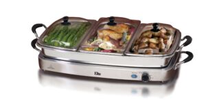 elite gourmet ewm-9933 triple 3 x 2.5 quart trays buffet server 7.5 qt oven safe pan food warmer, temperature control, clear slotted lids, perfect for parties, entertaining & holidays, stainless steel