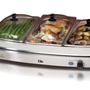 Elite Gourmet EWM-9933 Triple 3 x 2.5 Quart Trays Buffet Server 7.5 Qt Oven Safe Pan Food Warmer, Temperature Control, Clear Slotted Lids, Perfect for Parties, Entertaining & Holidays, Stainless Steel