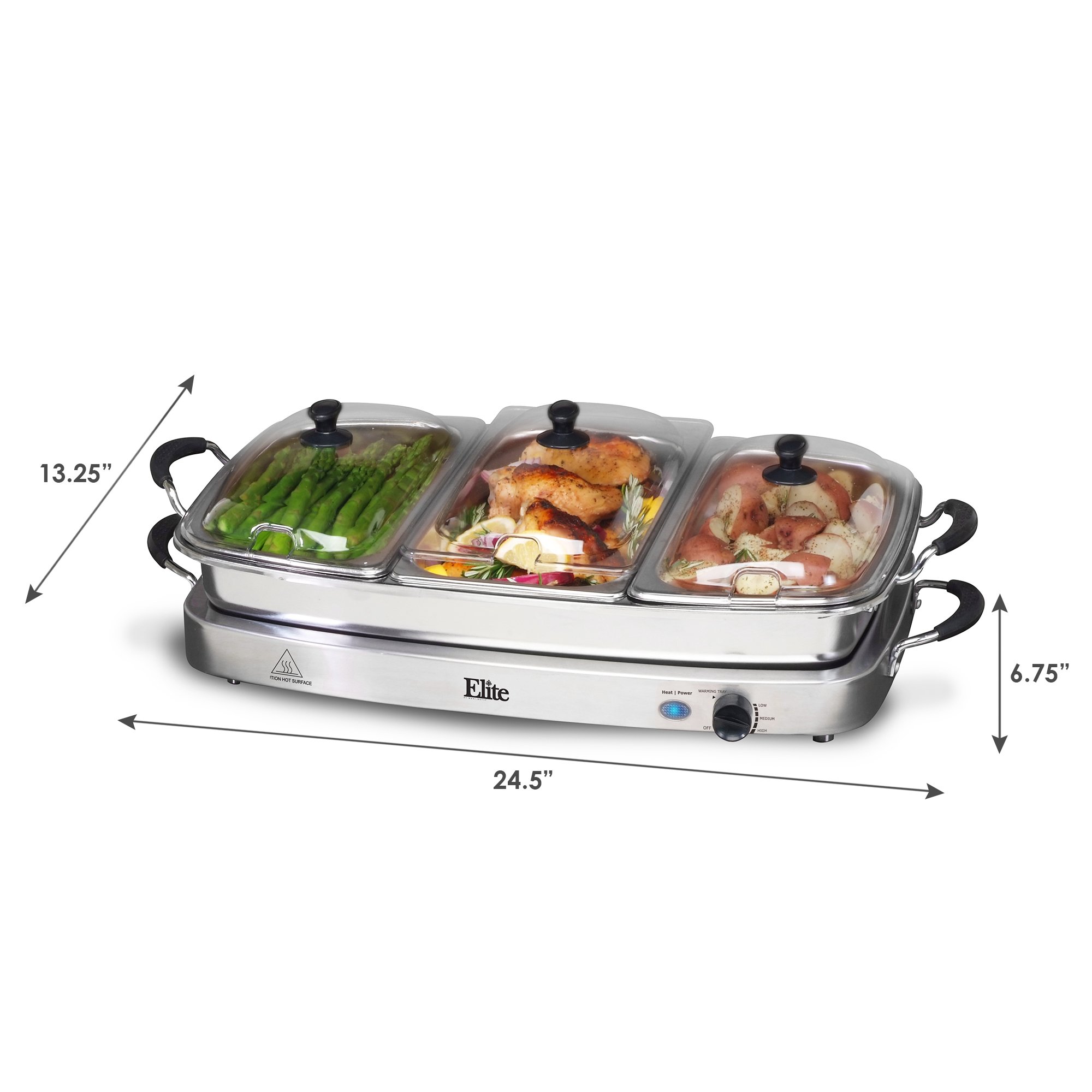 Elite Gourmet EWM-9933 Triple 3 x 2.5 Quart Trays Buffet Server 7.5 Qt Oven Safe Pan Food Warmer, Temperature Control, Clear Slotted Lids, Perfect for Parties, Entertaining & Holidays, Stainless Steel