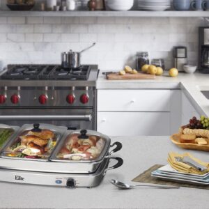 Elite Gourmet EWM-9933 Triple 3 x 2.5 Quart Trays Buffet Server 7.5 Qt Oven Safe Pan Food Warmer, Temperature Control, Clear Slotted Lids, Perfect for Parties, Entertaining & Holidays, Stainless Steel