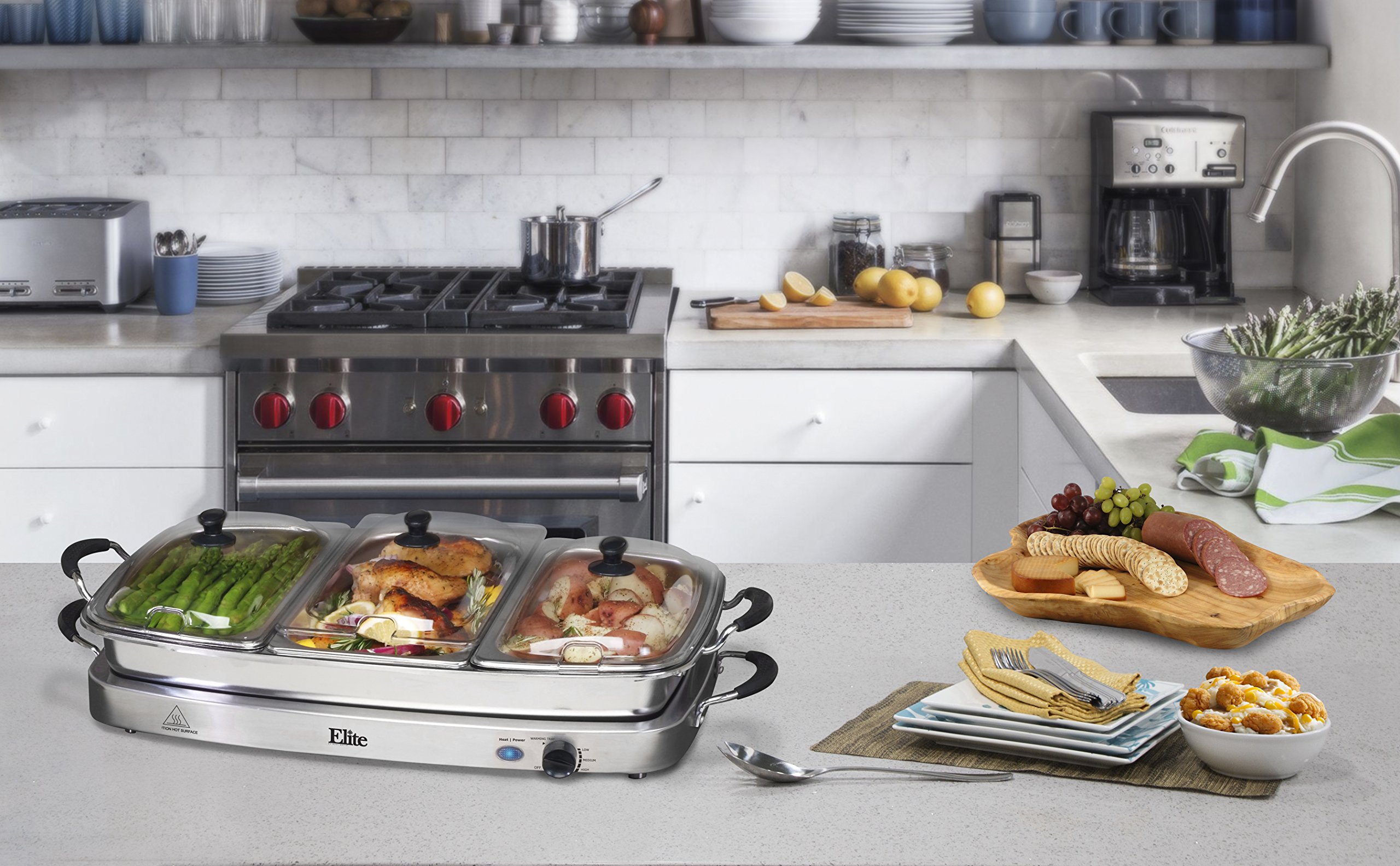 Elite Gourmet EWM-9933 Triple 3 x 2.5 Quart Trays Buffet Server 7.5 Qt Oven Safe Pan Food Warmer, Temperature Control, Clear Slotted Lids, Perfect for Parties, Entertaining & Holidays, Stainless Steel