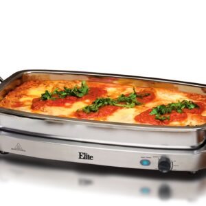 Elite Gourmet EWM-9933 Triple 3 x 2.5 Quart Trays Buffet Server 7.5 Qt Oven Safe Pan Food Warmer, Temperature Control, Clear Slotted Lids, Perfect for Parties, Entertaining & Holidays, Stainless Steel