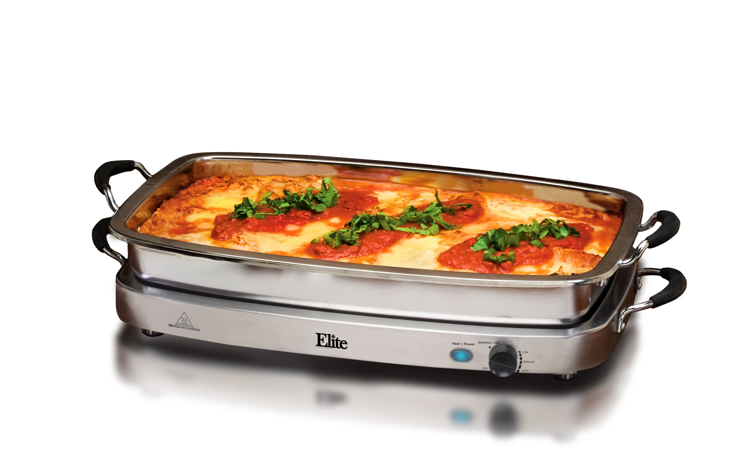 Elite Gourmet EWM-9933 Triple 3 x 2.5 Quart Trays Buffet Server 7.5 Qt Oven Safe Pan Food Warmer, Temperature Control, Clear Slotted Lids, Perfect for Parties, Entertaining & Holidays, Stainless Steel