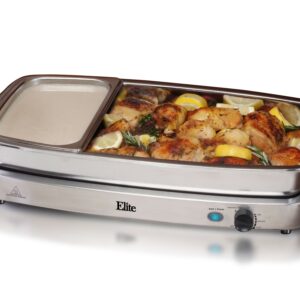 Elite Gourmet EWM-9933 Triple 3 x 2.5 Quart Trays Buffet Server 7.5 Qt Oven Safe Pan Food Warmer, Temperature Control, Clear Slotted Lids, Perfect for Parties, Entertaining & Holidays, Stainless Steel