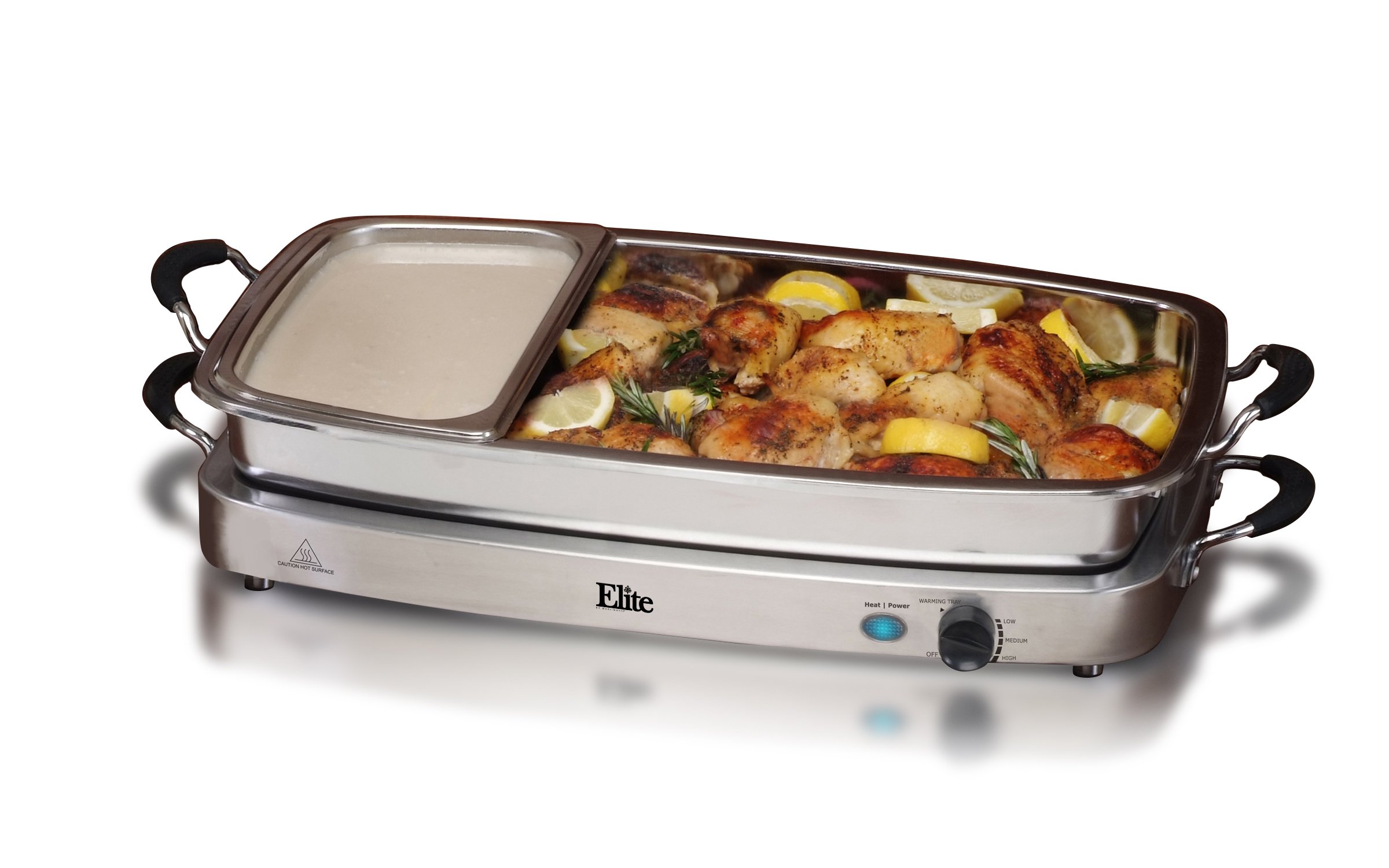 Elite Gourmet EWM-9933 Triple 3 x 2.5 Quart Trays Buffet Server 7.5 Qt Oven Safe Pan Food Warmer, Temperature Control, Clear Slotted Lids, Perfect for Parties, Entertaining & Holidays, Stainless Steel